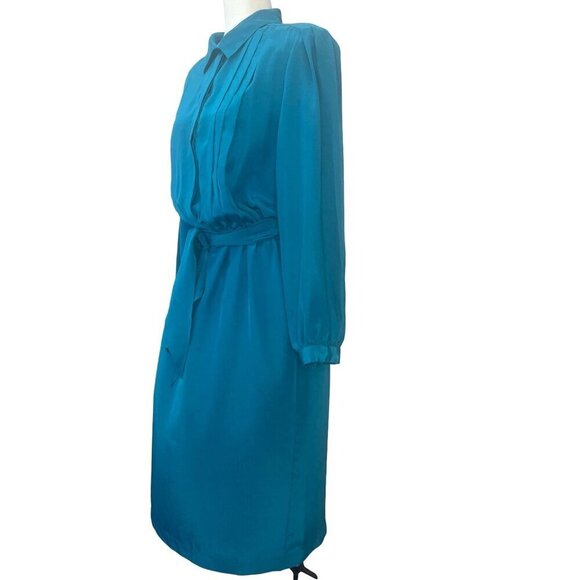 Vintage 80s 90s Hana Sung Belted Midi Dress Blue Long Sleeve Size MED Designer - Picture 3 of 8